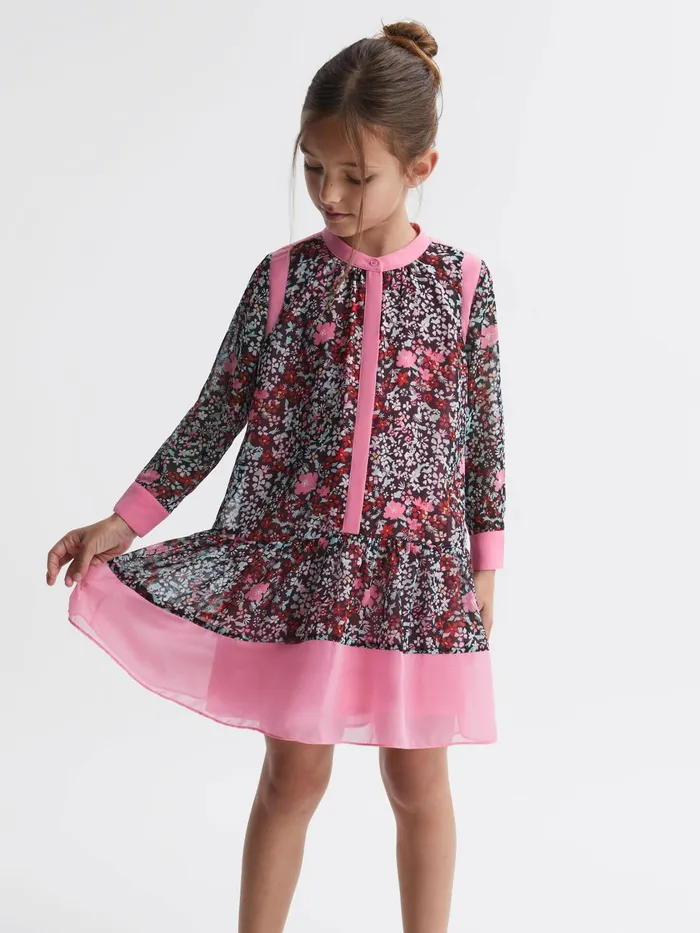 Children Reiss Dresses Camilla Floral Print Contrast Dress Pink