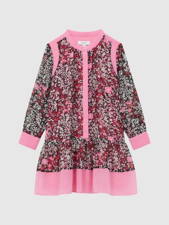 Children Reiss Dresses Camilla Floral Print Contrast Dress Pink