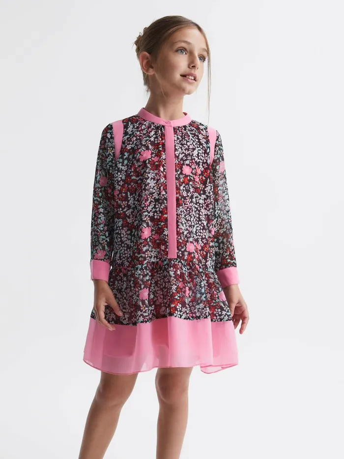 Children Reiss Dresses Camilla Floral Print Contrast Dress Pink