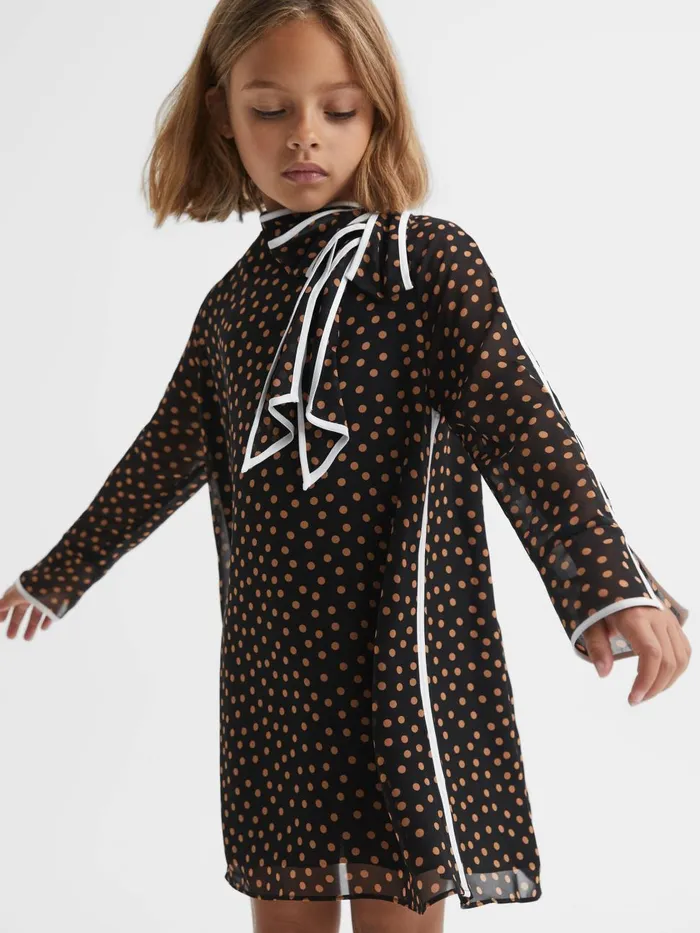 Children Reiss Dresses Kate Polka Dot Tie Neck Mini Dress Black