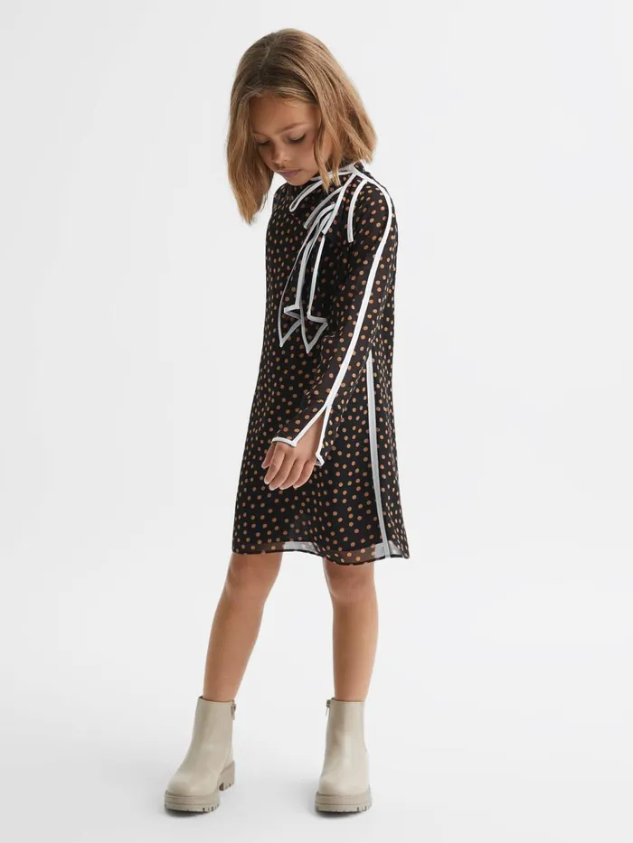 Children Reiss Dresses Kate Polka Dot Tie Neck Mini Dress Black