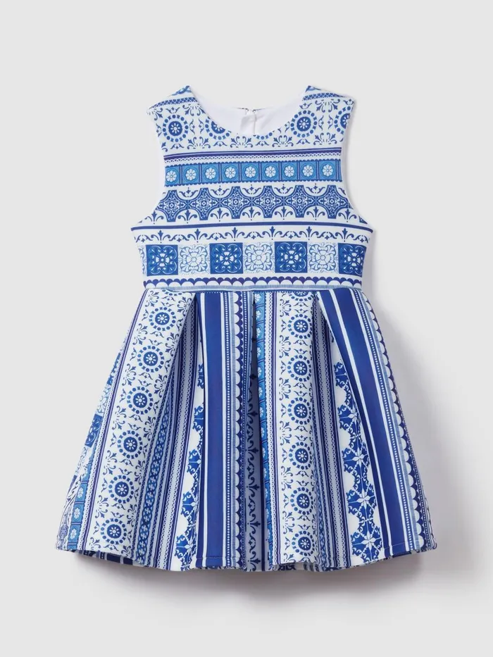 Children Reiss Dresses Lena Tile Print Scuba Fit And Flare Dress Blue Print