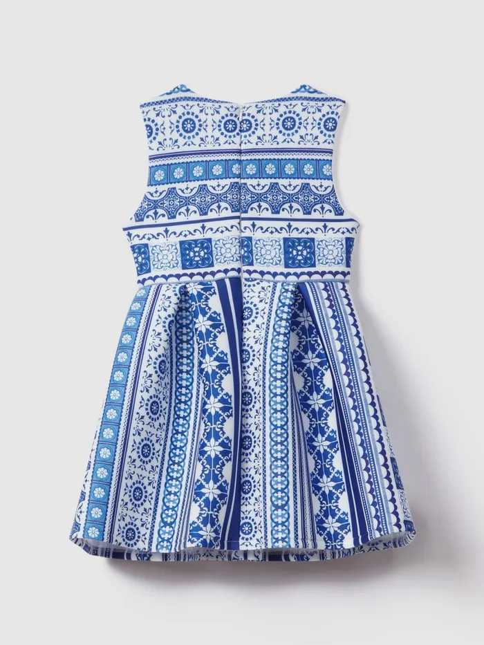 Children Reiss Dresses Lena Tile Print Scuba Fit And Flare Dress Blue Print