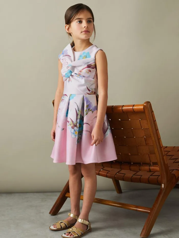 Children Reiss Dresses Marti Floral Scuba Twist Fit And Flare Dress Pink