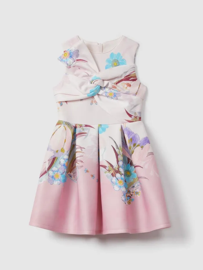 Children Reiss Dresses Marti Floral Scuba Twist Fit And Flare Dress Pink