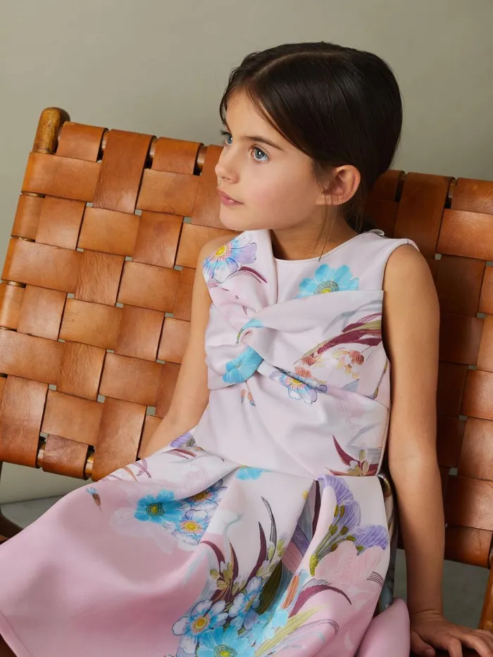 Children Reiss Dresses Marti Floral Scuba Twist Fit And Flare Dress Pink