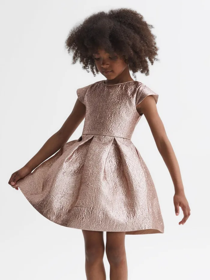 Children Reiss Dresses Nia Metallic Cap Sleeve Dress Gold