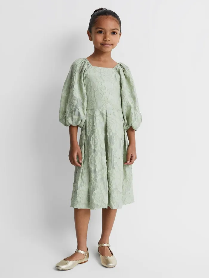 Children Reiss Dresses Thea Jacquard Puff Sleeve Dress Sage