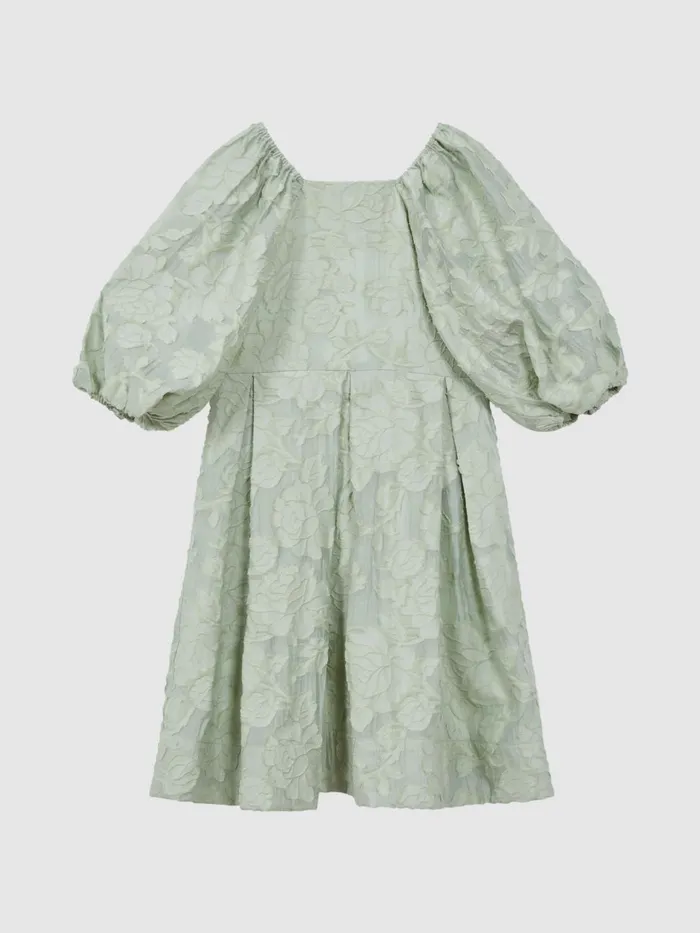 Children Reiss Dresses Thea Jacquard Puff Sleeve Dress Sage