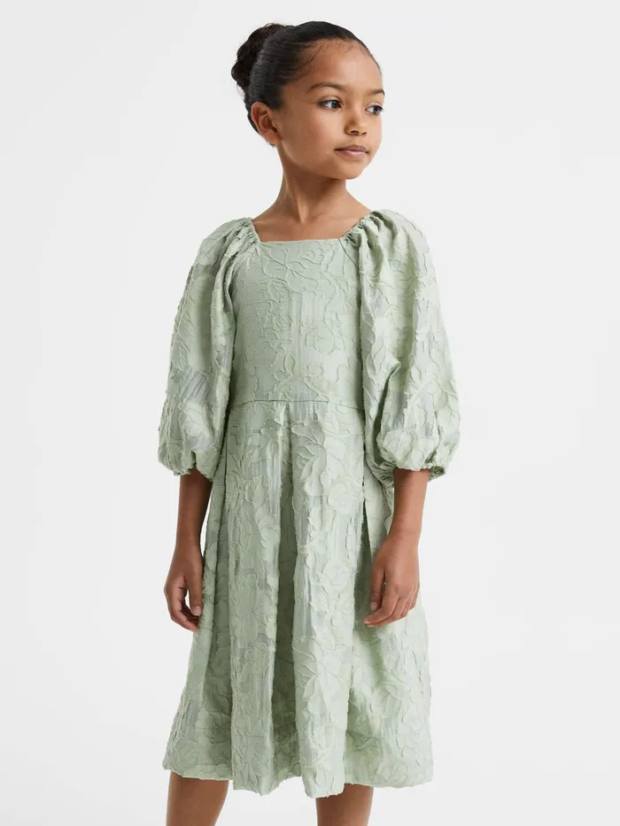 Children Reiss Dresses Thea Jacquard Puff Sleeve Dress Sage