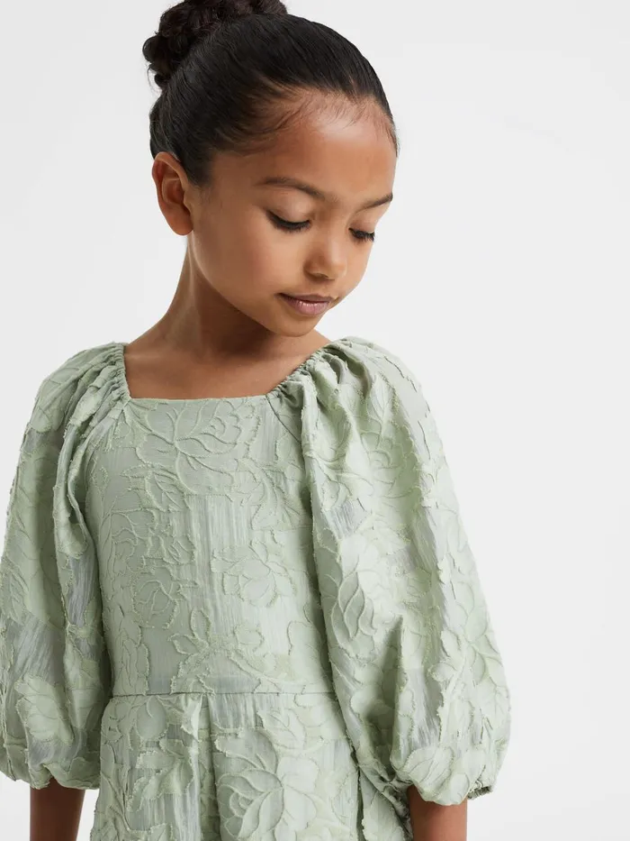 Children Reiss Dresses Thea Jacquard Puff Sleeve Dress Sage