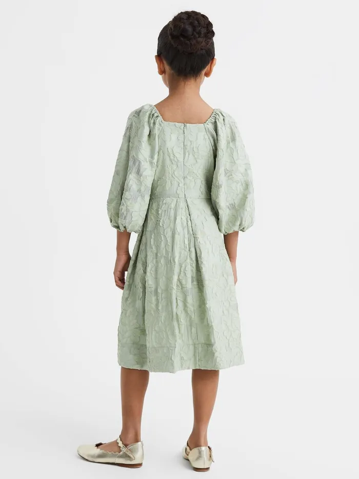 Children Reiss Dresses Thea Jacquard Puff Sleeve Dress Sage