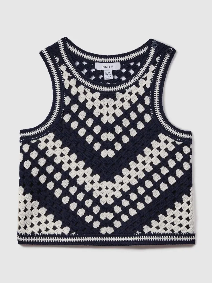 Children Reiss Knitwear Sabrina Crochet Cotton Crew Neck Vest Ivory