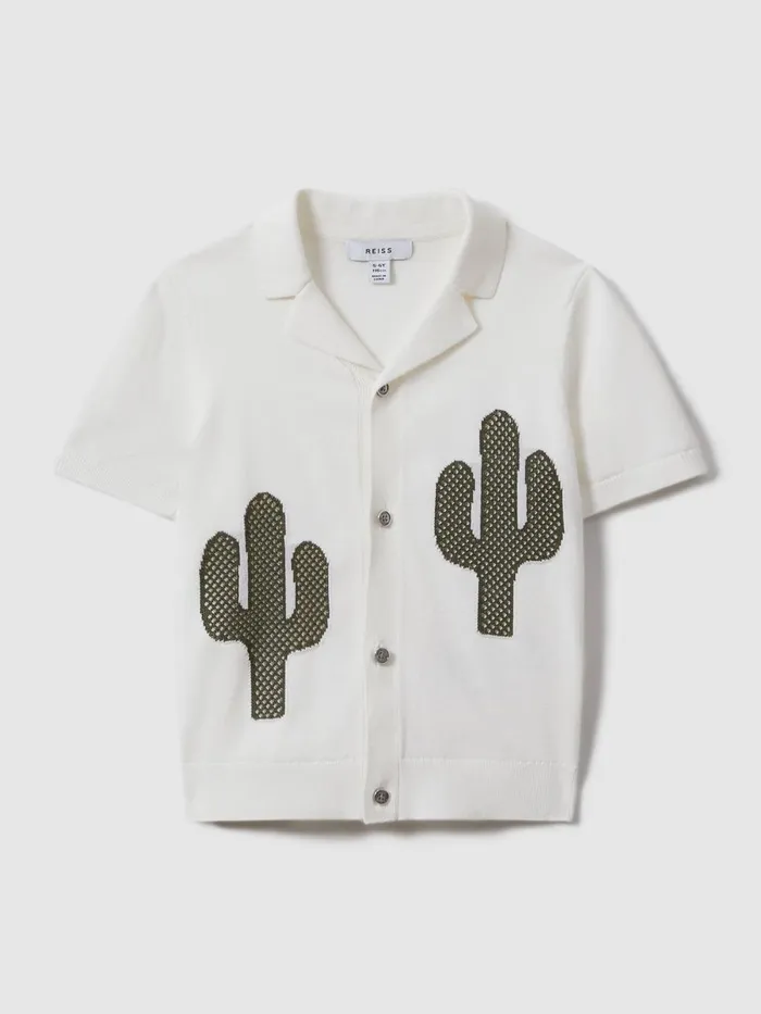 Children Reiss Knitwear Takla Knitted Cactus Cuban Collar Shirt Ecrugreen