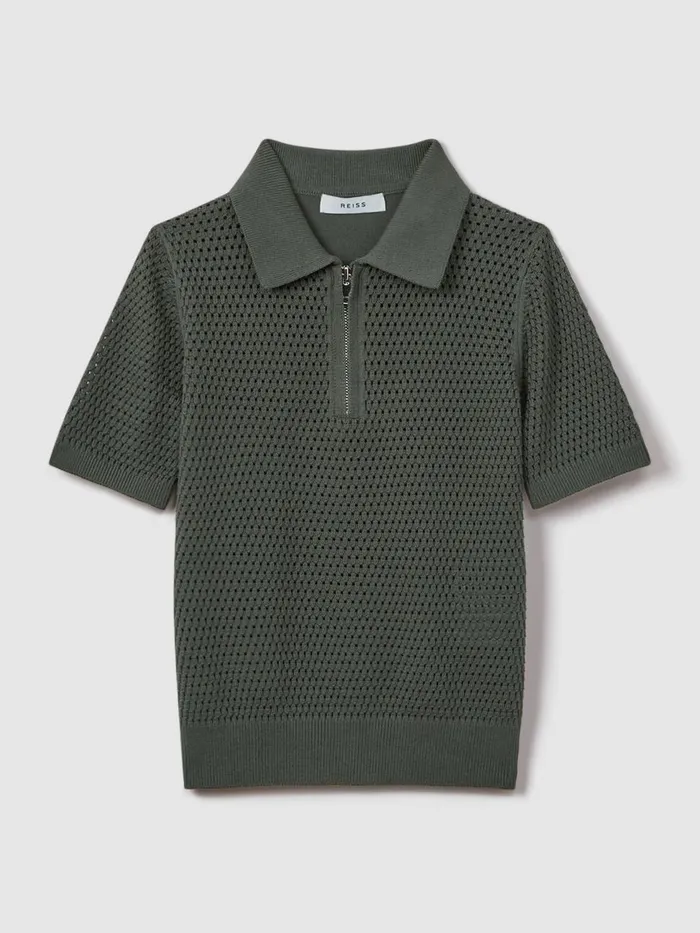 Children Reiss Polo Shirts Burnham Textured HalfZip Polo TShirt Dark Sage