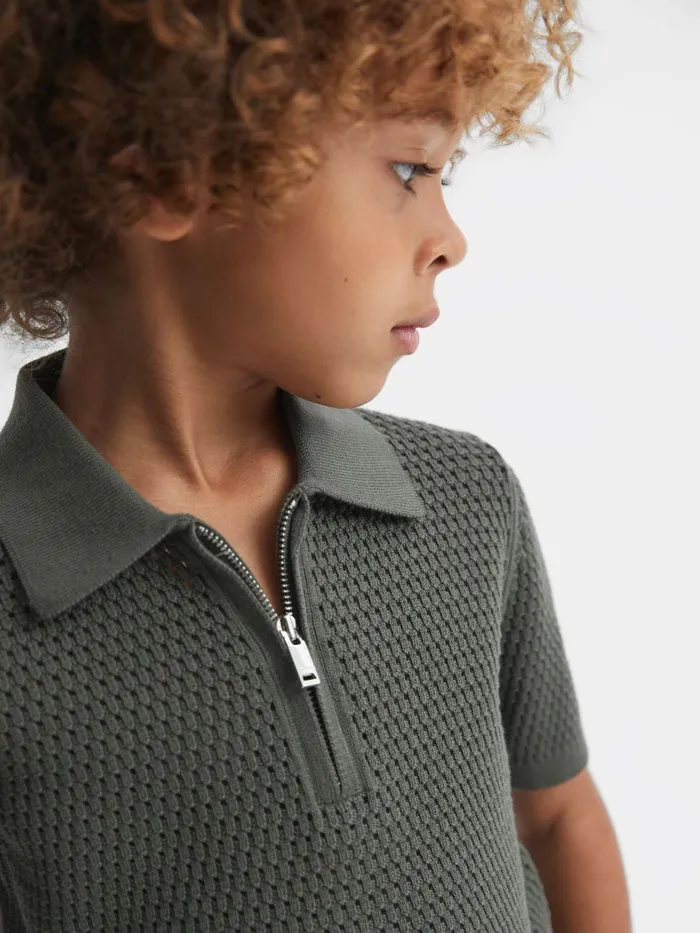 Children Reiss Polo Shirts Burnham Textured HalfZip Polo TShirt Dark Sage