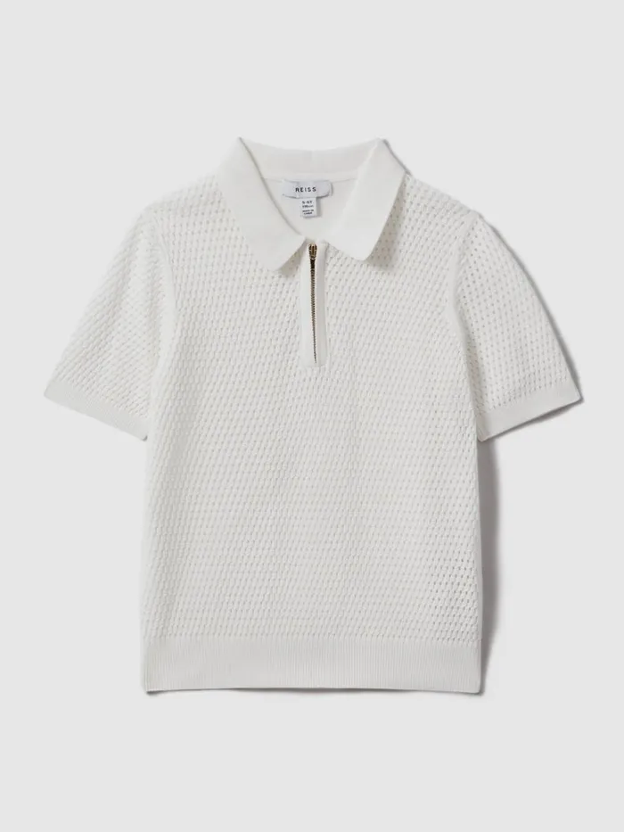 Children Reiss Polo Shirts Burnham Textured HalfZip Polo TShirt Optic White
