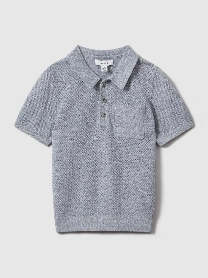 Children Reiss Polo Shirts Demetri Textured Cotton Polo Shirt Blue Melange