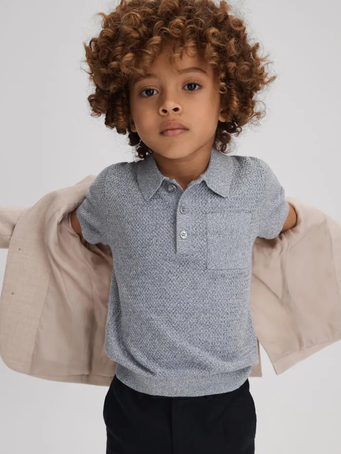Children Reiss Polo Shirts Demetri Textured Cotton Polo Shirt Blue Melange