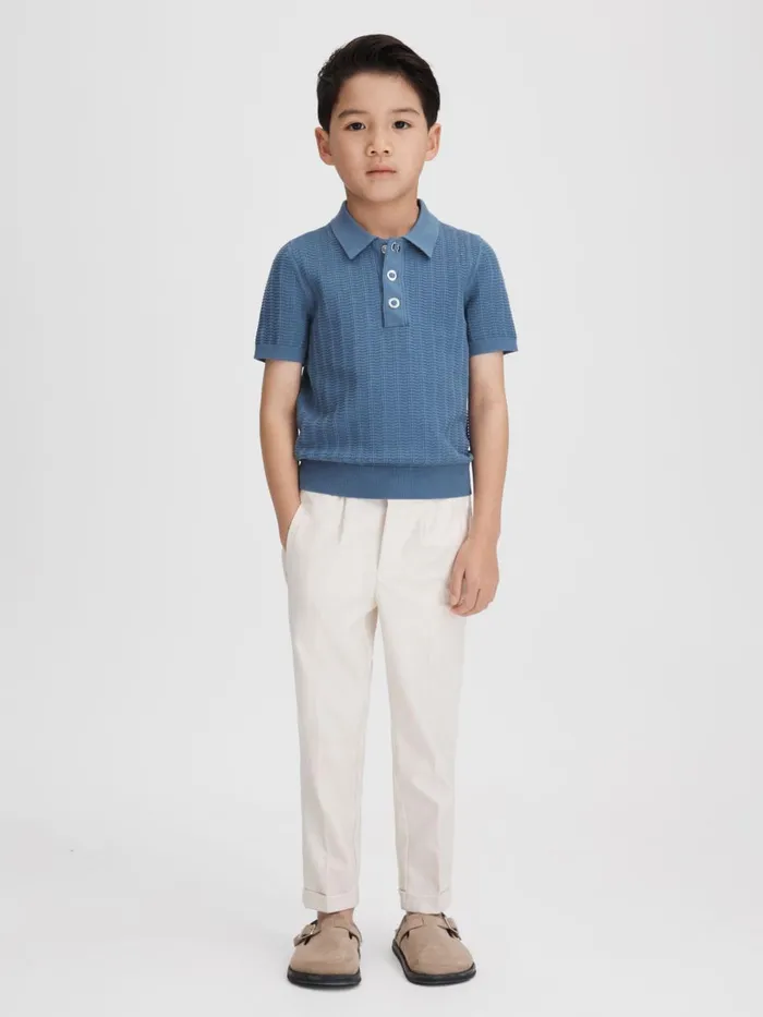 Children Reiss Polo Shirts Pascoe Textured Modal Blend Polo Shirt Cornflower Blue