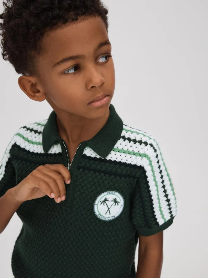 Children Reiss Polo Shirts Stark Textured Cotton Half Zip Polo Shirt Dark Green