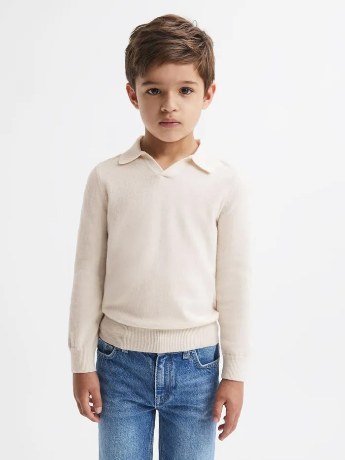 Children Reiss Polo Shirts Swifts Slim Fit Merino Wool Open Collar Top Milk