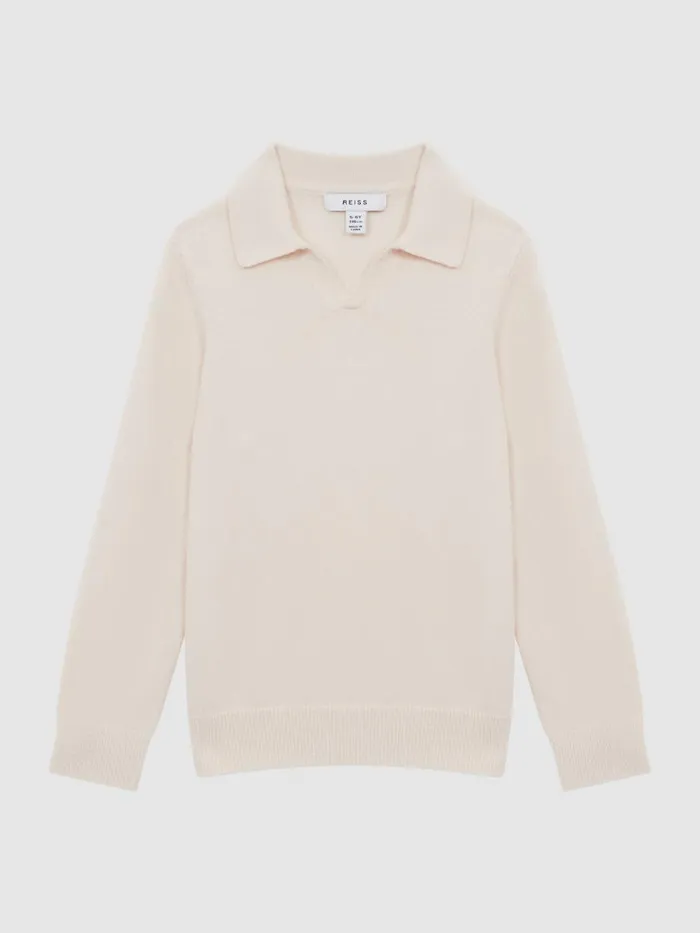Children Reiss Polo Shirts Swifts Slim Fit Merino Wool Open Collar Top Milk