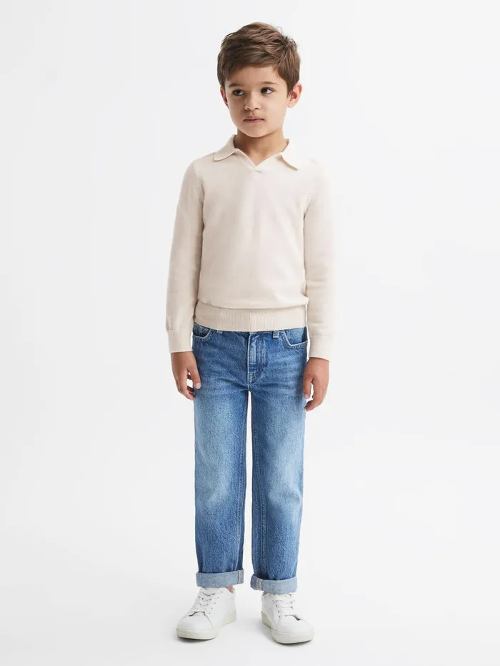 Children Reiss Polo Shirts Swifts Slim Fit Merino Wool Open Collar Top Milk