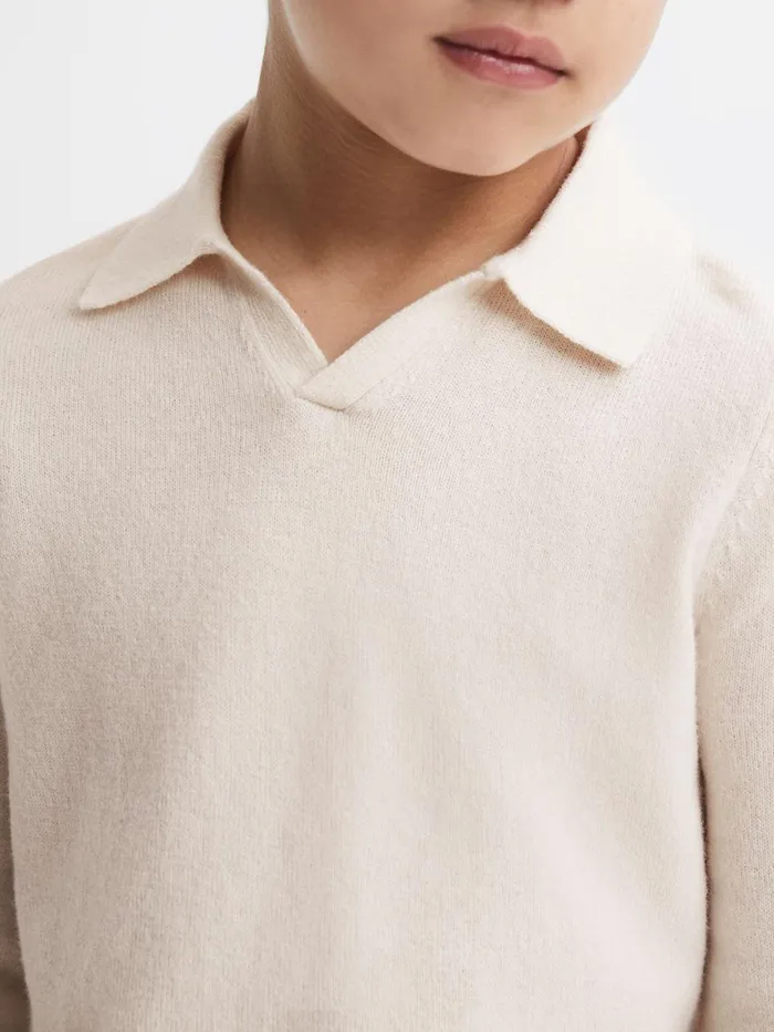 Children Reiss Polo Shirts Swifts Slim Fit Merino Wool Open Collar Top Milk