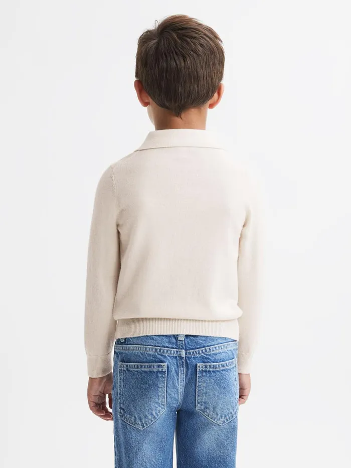 Children Reiss Polo Shirts Swifts Slim Fit Merino Wool Open Collar Top Milk