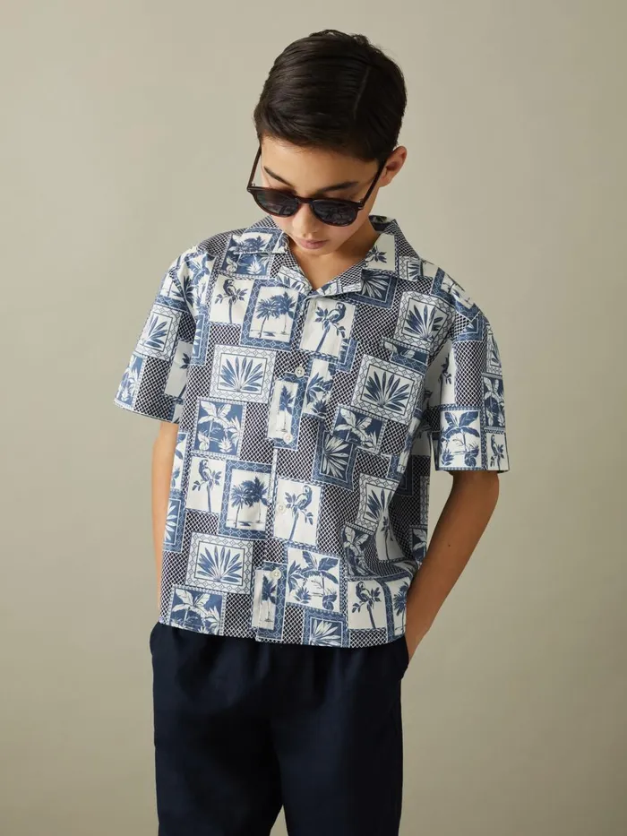 Children Reiss Shirts Basin Cotton Blend Collage Cuban Collar Shirt Airforce Blue Children Reiss Shirts Basin Cotton Blend Collage Cuban Collar Shirt Airforce Blue