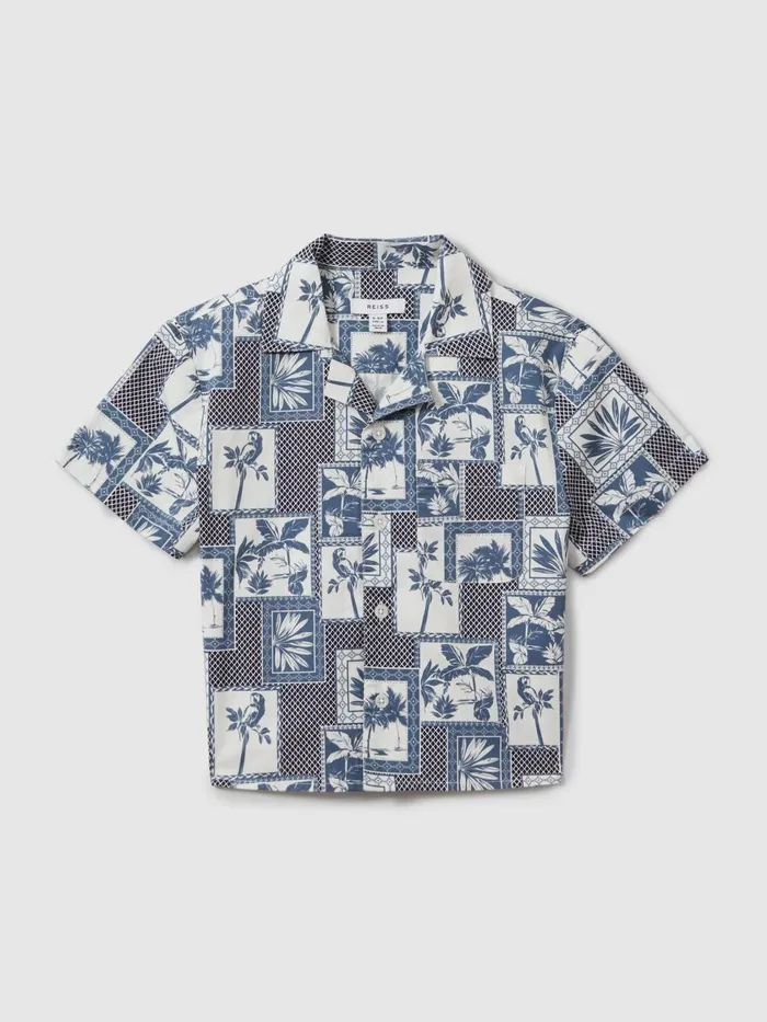 Children Reiss Shirts Basin Cotton Blend Collage Cuban Collar Shirt Airforce Blue
