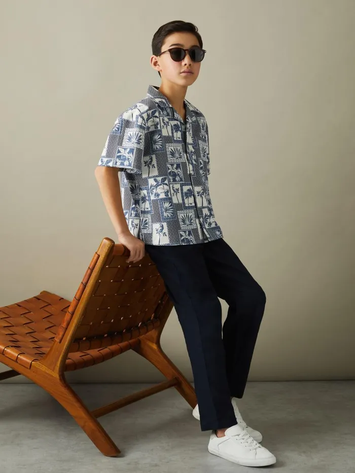 Children Reiss Shirts Basin Cotton Blend Collage Cuban Collar Shirt Airforce Blue