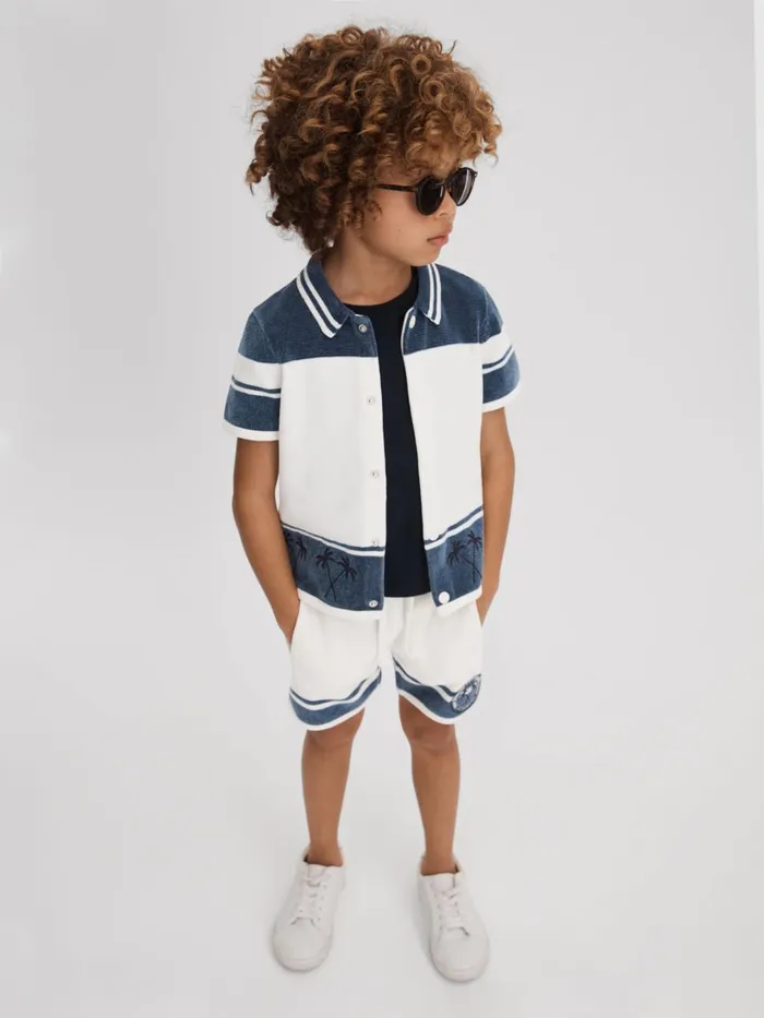 Children Reiss Shirts Bowler Velour Embroidered Striped Shirt Optic Whiteairforce Blue