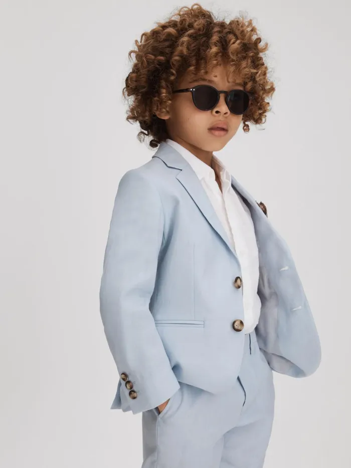 Children Reiss Suits and Tailoring Kin Slim Fit Single Breasted Linen Blazer Soft Blue