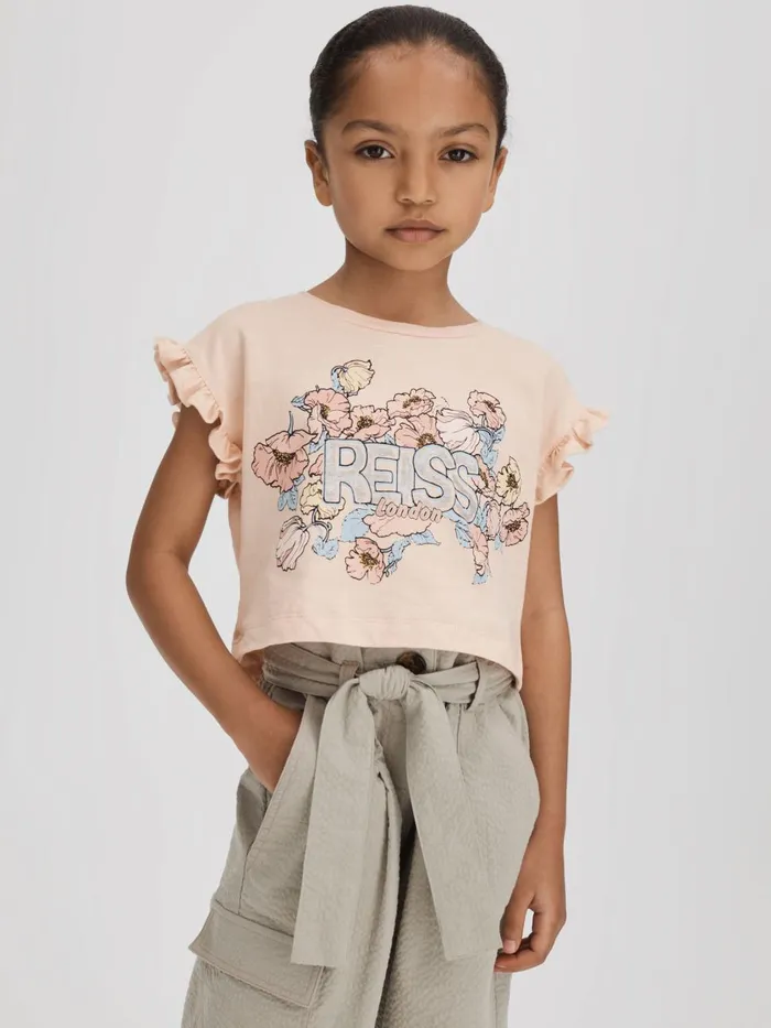Children Reiss Tops and TShirts Saskia Ruffle Sleeve Cropped Motif TShirt Pink Children Reiss Tops and TShirts Saskia Ruffle Sleeve Cropped Motif TShirt Pink