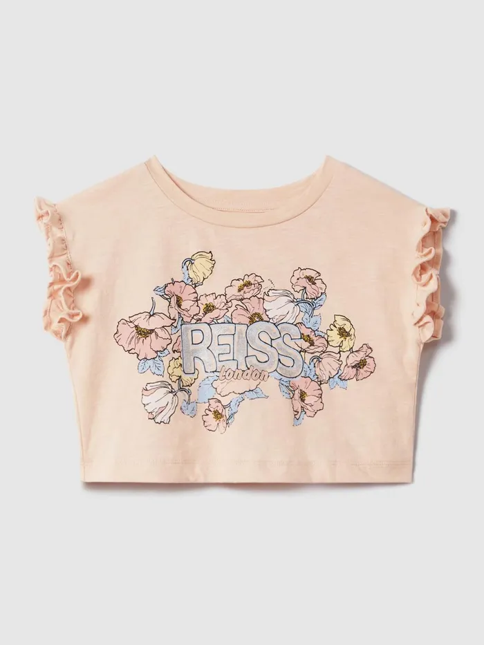 Children Reiss Tops and TShirts Saskia Ruffle Sleeve Cropped Motif TShirt Pink