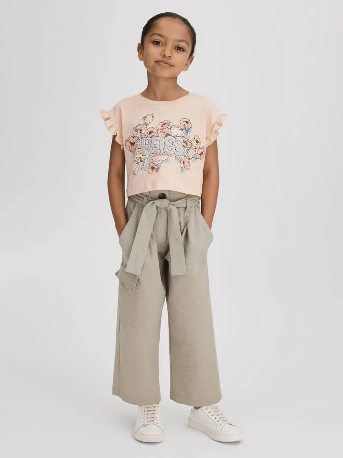 Children Reiss Tops and TShirts Saskia Ruffle Sleeve Cropped Motif TShirt Pink