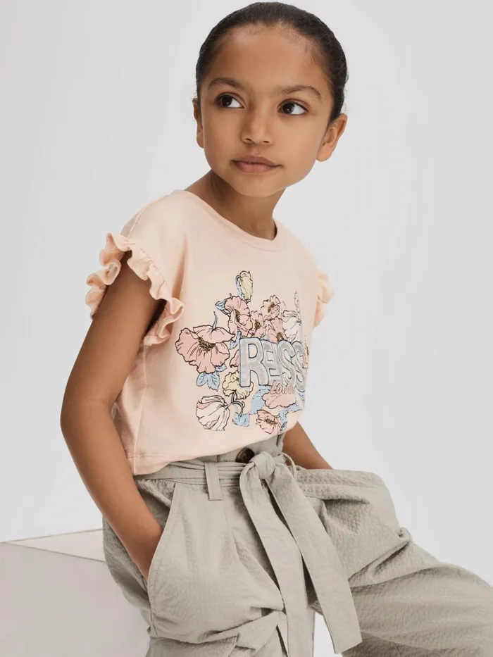 Children Reiss Tops and TShirts Saskia Ruffle Sleeve Cropped Motif TShirt Pink