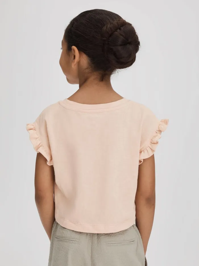 Children Reiss Tops and TShirts Saskia Ruffle Sleeve Cropped Motif TShirt Pink