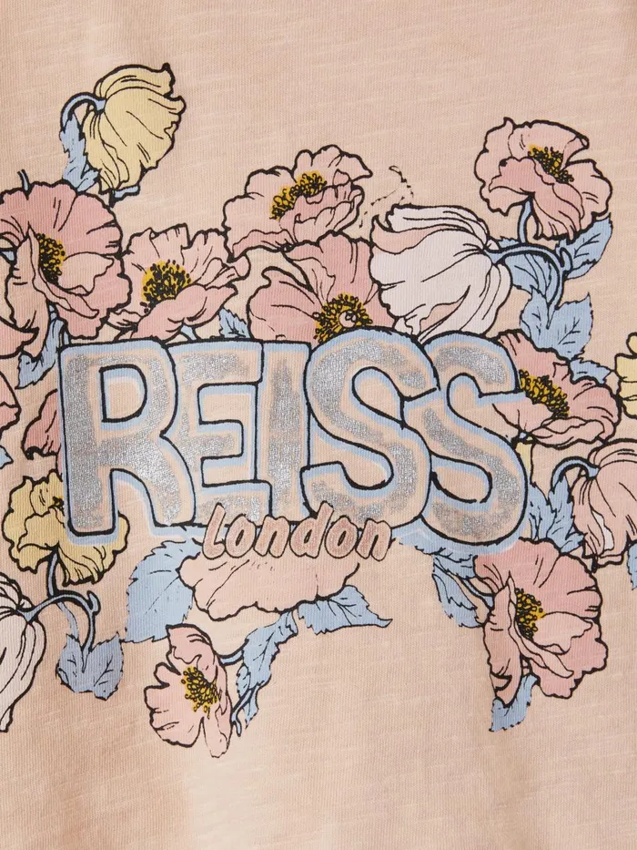 Children Reiss Tops and TShirts Saskia Ruffle Sleeve Cropped Motif TShirt Pink