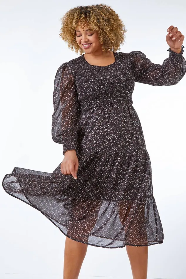 Chocolate Curve Heart Tiered Stretch Midi Dress Women Roman Dresses