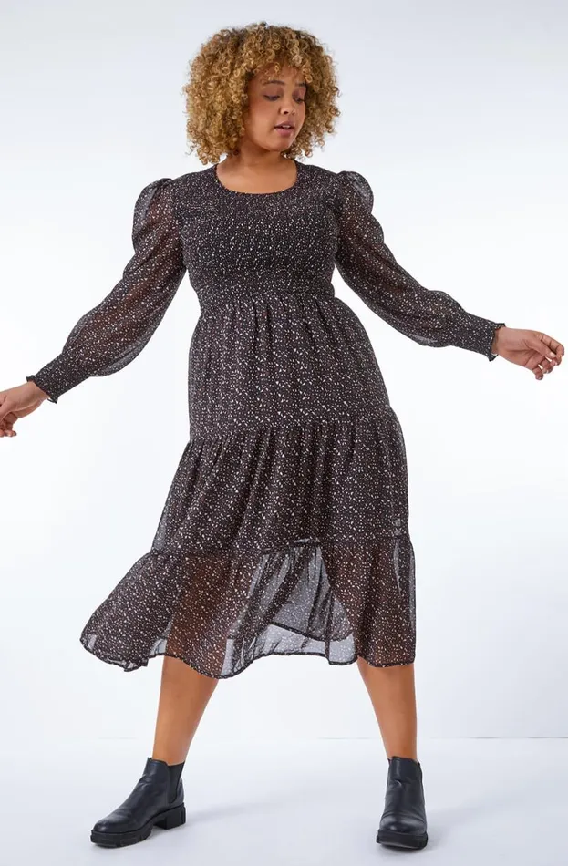 Chocolate Curve Heart Tiered Stretch Midi Dress Women Roman Dresses