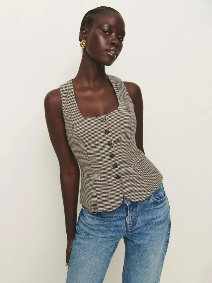 Clothing The Reformation Delanie Top Tan Houndstooth