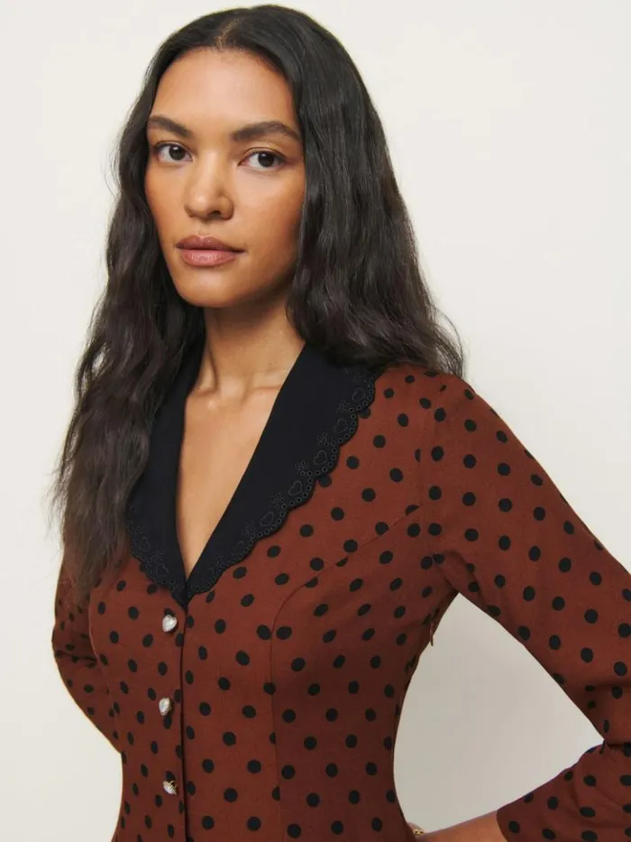 Clothing The Reformation Galene Dress Fig Jam Dot