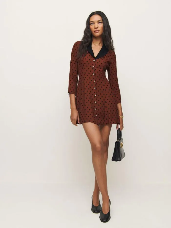Clothing The Reformation Galene Dress Fig Jam Dot