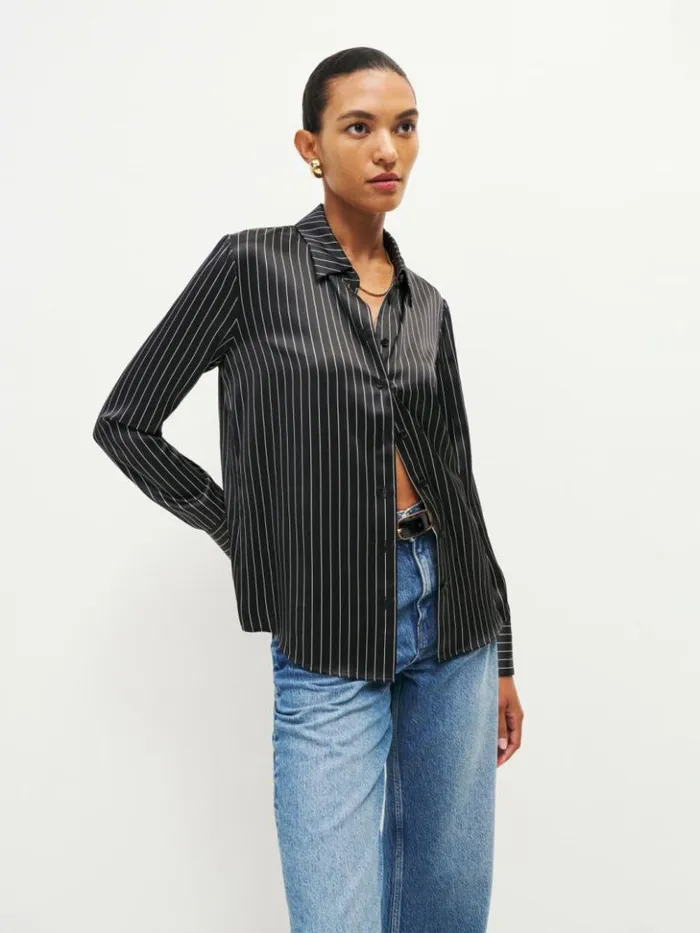 Clothing The Reformation Sky Relaxed Silk Top Broadway Stripe