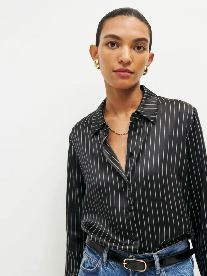 Clothing The Reformation Sky Relaxed Silk Top Broadway Stripe