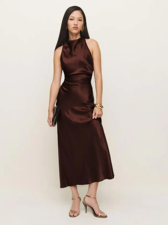 ClothingWeddings The Reformation Casette Silk Dress Mahogany