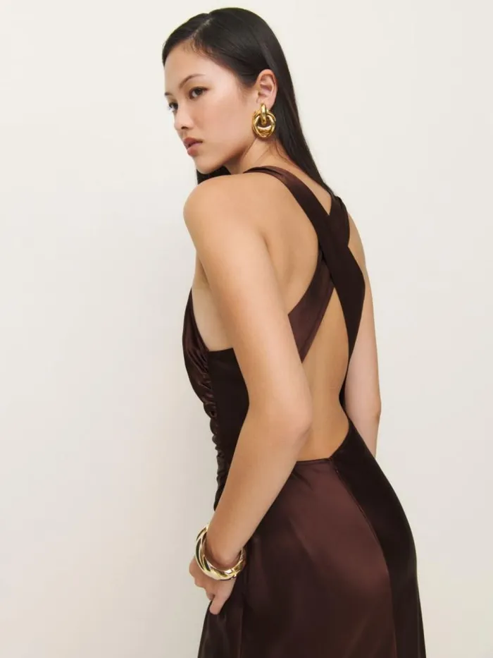 ClothingWeddings The Reformation Casette Silk Dress Mahogany